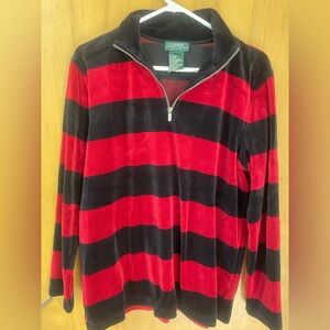 Lauren Ralph Lauren Petite Red Black Velour Rugby Stripe Zip Pullover Size PL